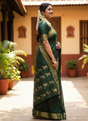 Dark green silk blend saree with silver zari horse motif 3