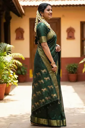 Dark green silk blend saree with silver zari horse motif