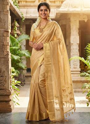 Beige silk blend saree with silver zari horse motif 1