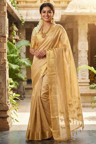 Beige silk blend saree with silver zari horse motif