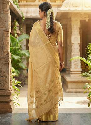Beige silk blend saree with silver zari horse motif 2