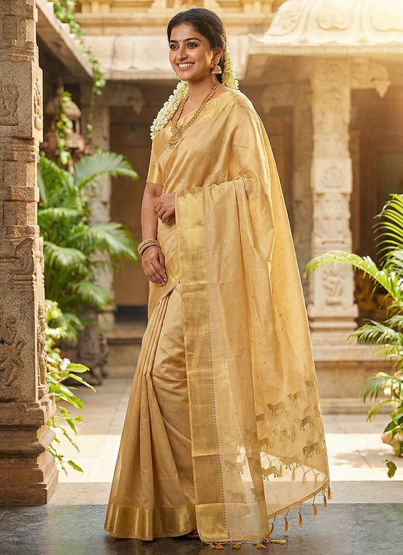 Beige silk blend saree with silver zari horse motif