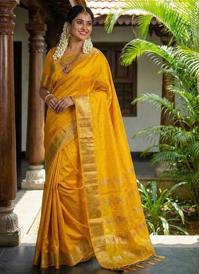 Mustard silk blend saree with silver zari horse motif 1