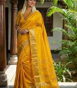Mustard silk blend saree with silver zari horse motif