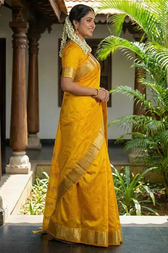 Mustard silk blend saree with silver zari horse motif