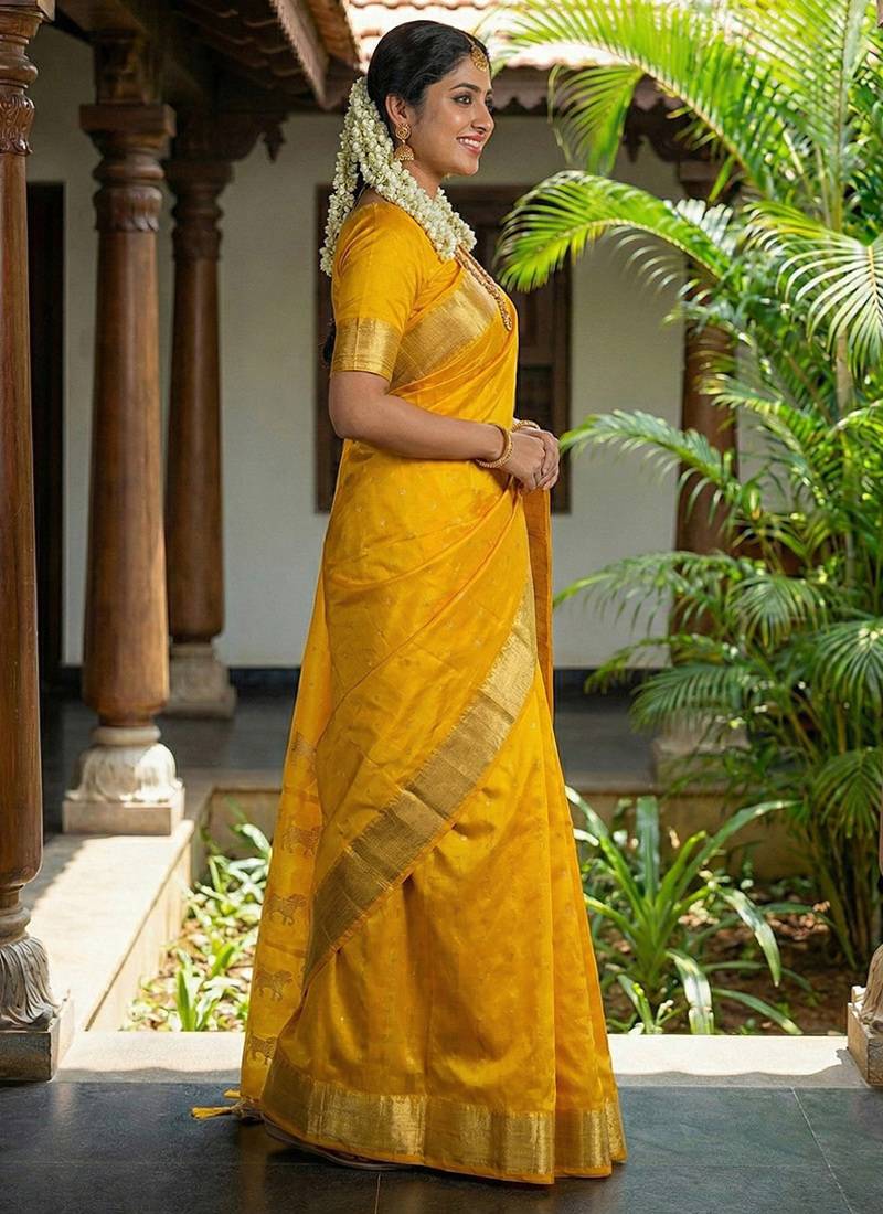 Mustard silk blend saree with silver zari horse motif