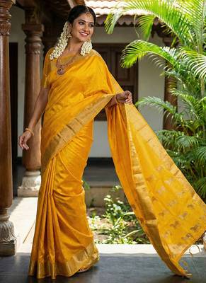 Mustard silk blend saree with silver zari horse motif 4
