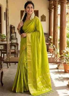 Light green silk blend saree with silver zari horse motif 1