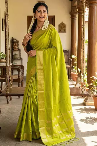 Light green silk blend saree with silver zari horse motif
