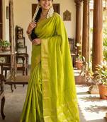 Light green silk blend saree with silver zari horse motif