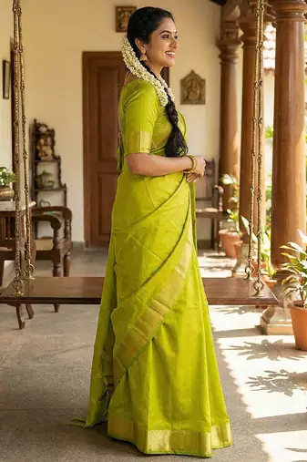 Light green silk blend saree with silver zari horse motif