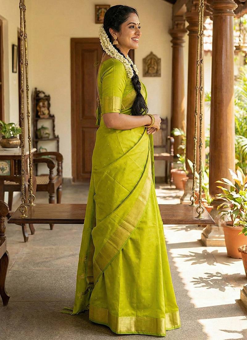 Light green silk blend saree with silver zari horse motif