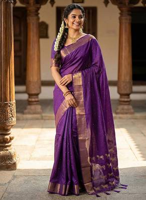 Purple silk blend saree with silver zari horse motif 1
