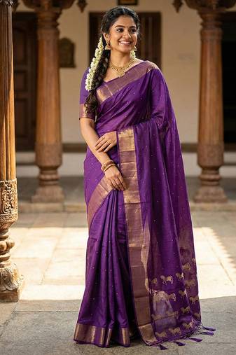 Purple silk blend saree with silver zari horse motif