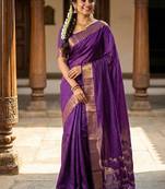Purple silk blend saree with silver zari horse motif