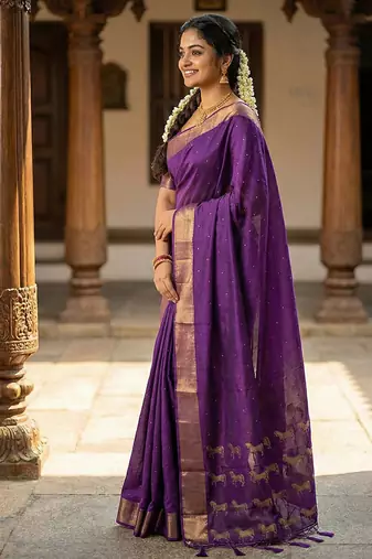 Purple silk blend saree with silver zari horse motif