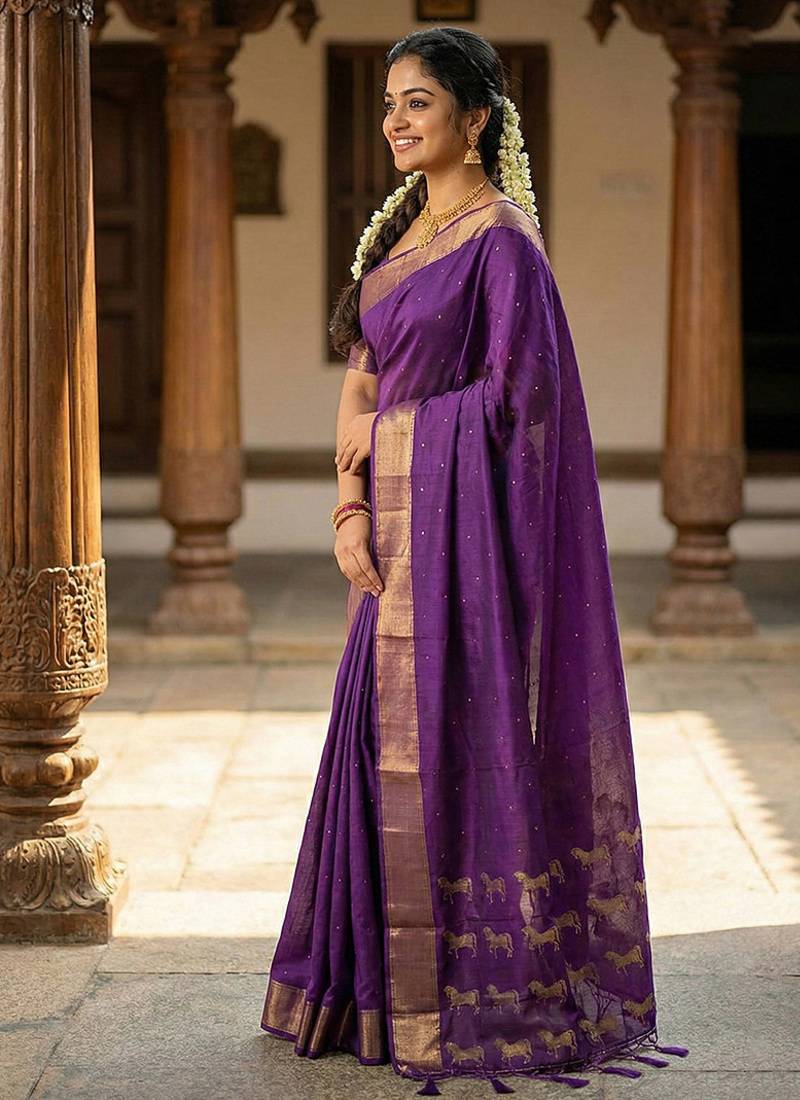 Purple silk blend saree with silver zari horse motif
