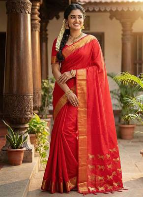 Red silk blend saree with silver zari horse motif 1