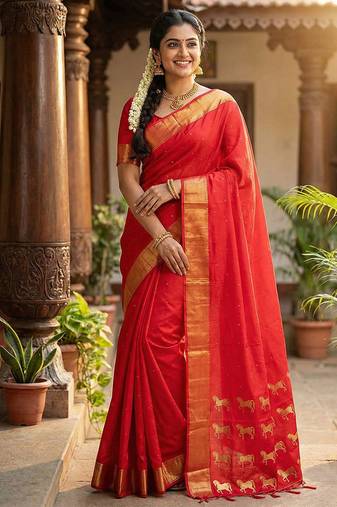 Red silk blend saree with silver zari horse motif