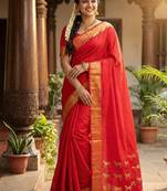 Red silk blend saree with silver zari horse motif