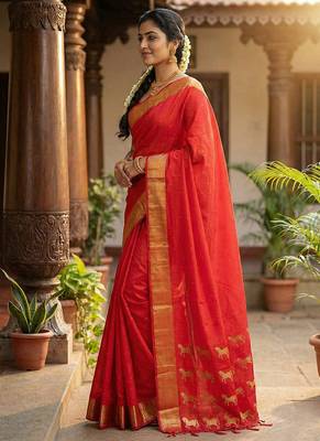 Red silk blend saree with silver zari horse motif 2
