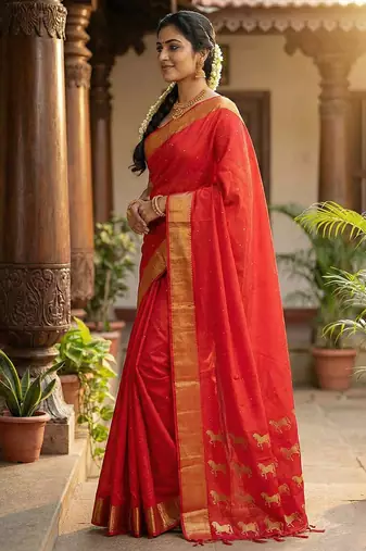 Red silk blend saree with silver zari horse motif