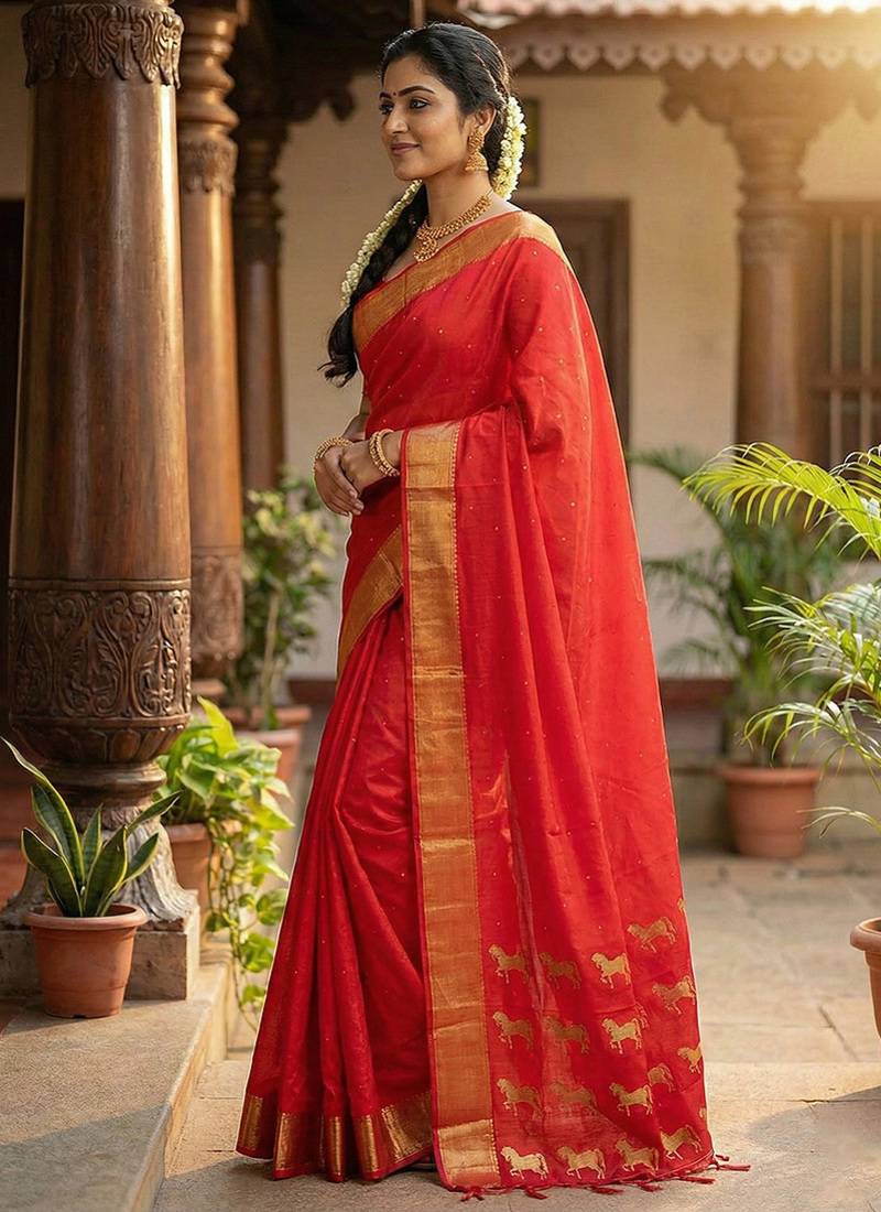 Red silk blend saree with silver zari horse motif