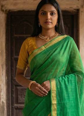 Green cotton silk blend saree with contrasting border 1