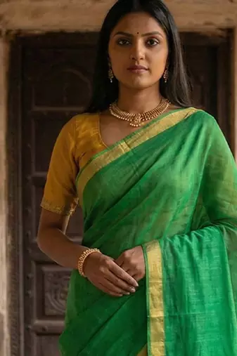 Green cotton silk blend saree with contrasting border