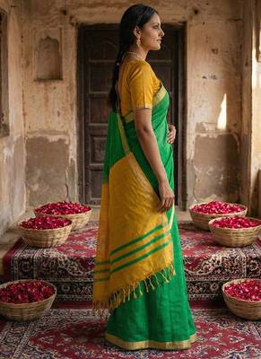 Green cotton silk blend saree with contrasting border 2