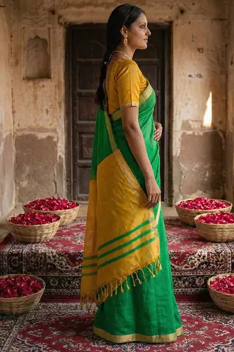 Green cotton silk blend saree with contrasting border