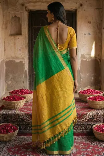 Green cotton silk blend saree with contrasting border