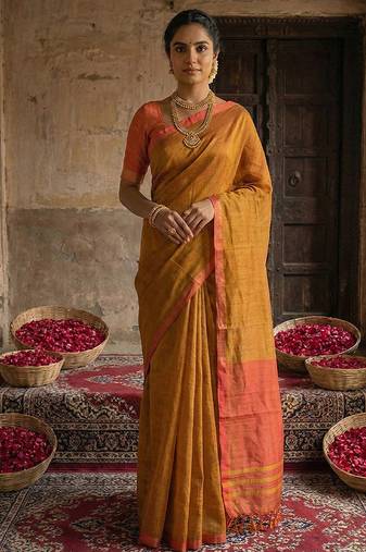 Mustard yellow cotton silk blend saree with contrasting border