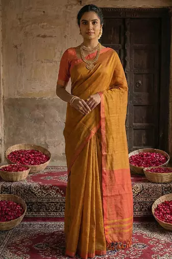 Mustard yellow cotton silk blend saree with contrasting border
