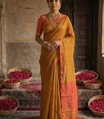 Mustard yellow cotton silk blend saree with contrasting border