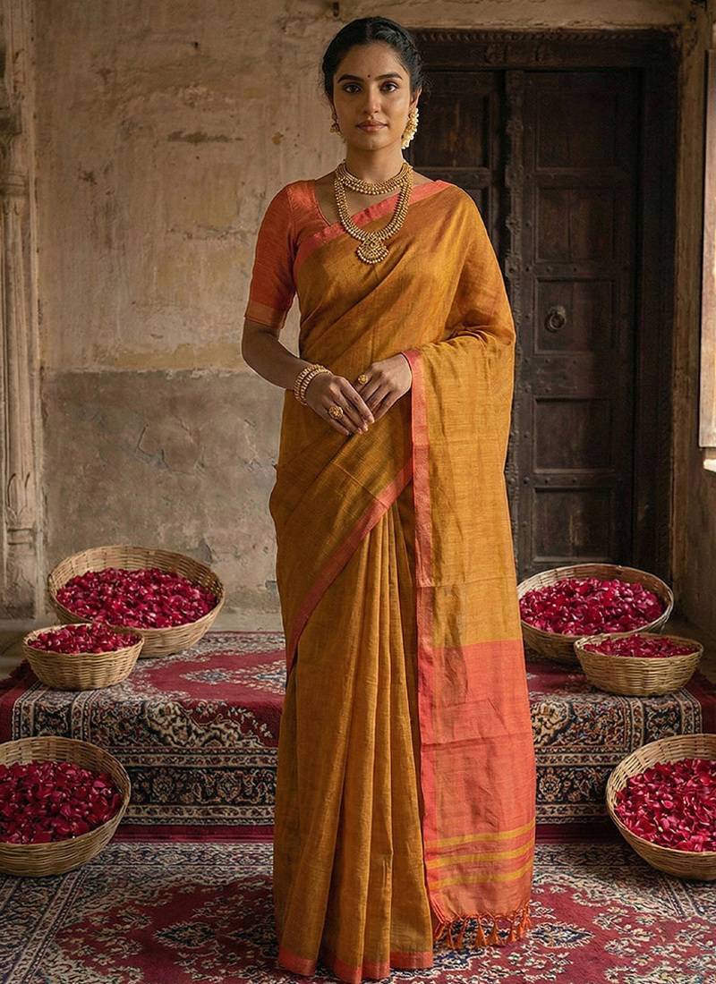 Mustard yellow cotton silk blend saree with contrasting border