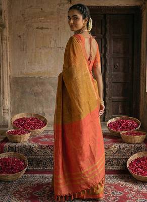 Mustard yellow cotton silk blend saree with contrasting border 2
