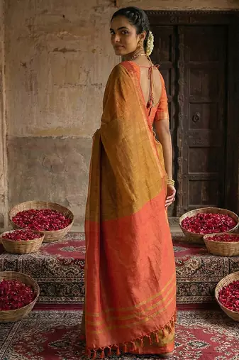 Mustard yellow cotton silk blend saree with contrasting border