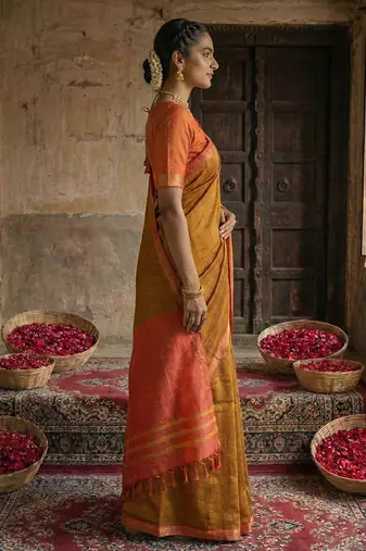Mustard yellow cotton silk blend saree with contrasting border