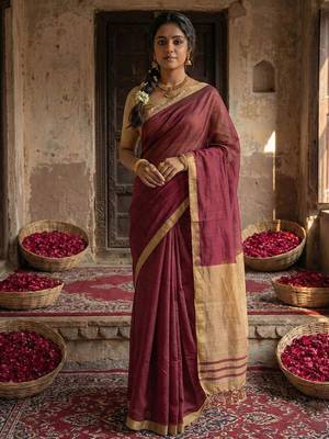 Wine cotton silk blend saree with contrasting border 1