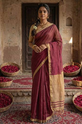 Wine cotton silk blend saree with contrasting border