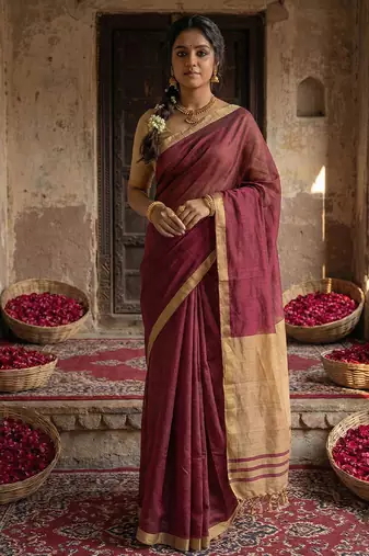 Wine cotton silk blend saree with contrasting border