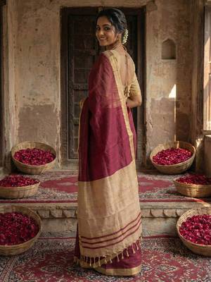 Wine cotton silk blend saree with contrasting border 2