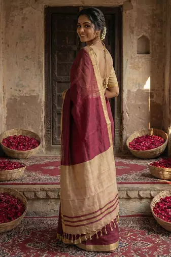 Wine cotton silk blend saree with contrasting border