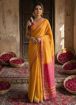 Orange cotton silk blend saree with contrasting border 1