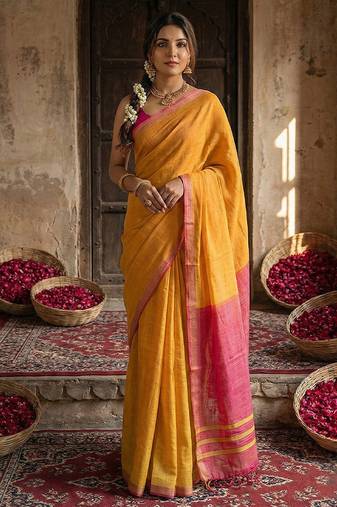 Orange cotton silk blend saree with contrasting border