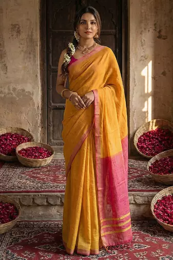 Orange cotton silk blend saree with contrasting border