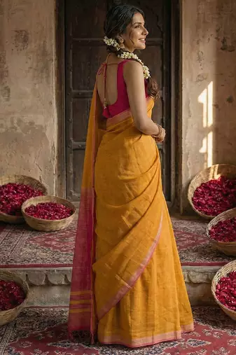 Orange cotton silk blend saree with contrasting border