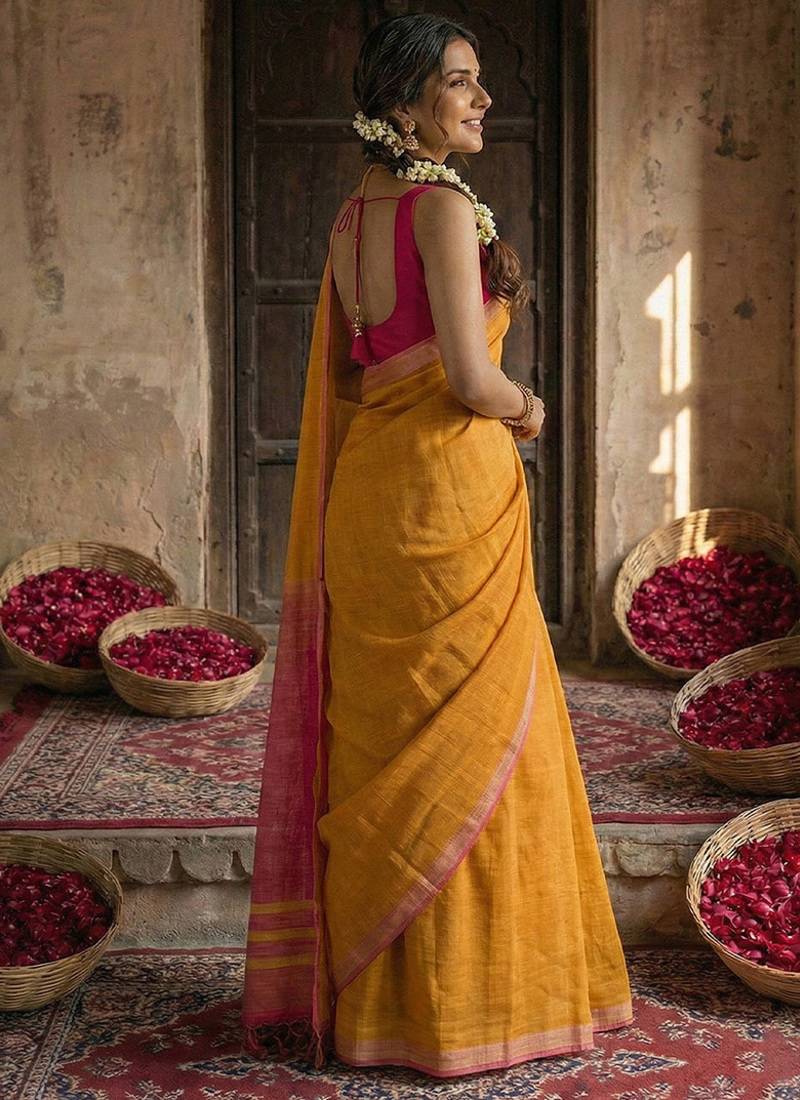 Orange cotton silk blend saree with contrasting border