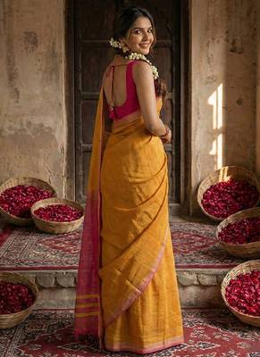 Orange cotton silk blend saree with contrasting border 3